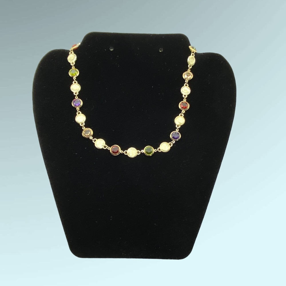 Gold Tone Multi Colored Faceted Glass Bezeled Necklace